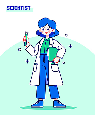전신 여자 일러스트 직업캐릭터 한명 미소 들기 성인 파란색 반짝임 실험복 과학자 시험관 문서 과학의날 성인여자한명만 과학의달 일러캐릭터 AI파일 직업 캐릭터 1 컬러 과학 모션 표정 실험기구 사람 가운 4월 학자 여자한명만 성인여자만 파일형식 벡터 법정기념일