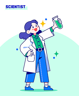 전신 여자 허리손 일러스트 직업캐릭터 한명 미소 들기 성인 파란색 반짝임 실험복 과학자 시험관 과학의날 성인여자한명만 과학의달 일러캐릭터 AI파일 직업 캐릭터 1 컬러 과학 포즈 모션 표정 실험기구 사람 가운 4월 학자 여자한명만 성인여자만 파일형식 벡터 법정기념일