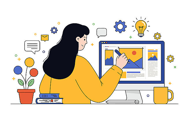 여자 꽃 화분 말풍선 일러스트 전구 아이디어 한명 미소 상반신 성인 펜 노란색 모니터 머그컵 잡기 비즈니스우먼 톱니바퀴 메일함 성인여자한명만 국내일러스트 AI파일 식물 1 컬러 컨셉 비즈니스 모션 표정 사람 컵 컴퓨터 필기구 직장인 여자한명만 성인여자만 파일형식 벡터