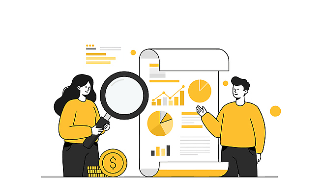 여자 남자 일러스트 돋보기 그래프 미소 들기 상반신 성인 두명 노란색 달러 동전 가리킴 비즈니스맨 비즈니스우먼 문서 성인만 국내일러스트 AI파일 컬러 돈 비즈니스 모션 표정 사람 손짓 직장인 파일형식 벡터