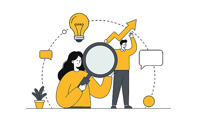 전신 식물 여자 남자 화살표 화분 점선 말풍선 일러스트 전구 돋보기 아이디어 미소 들기 상반신 성인 두명 노란색 비즈니스맨 비즈니스우먼 상승 성인만 국내일러스트 AI파일 선 컬러 컨셉 비즈니스 모션 표정 사람 직장인 파일형식 벡터