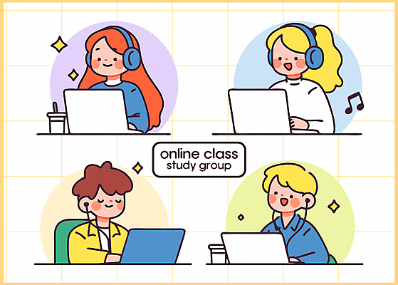 여자 남자 이어폰 의자 음표 일러스트 미소 앉기 여러명 상반신 성인 노트북 반짝임 스터디 눈감음 헤드셋 타이핑 그룹 격자 온라인강의 테이크아웃컵 성인만 일러캐릭터 AI파일 캐릭터 기호 음악 음향기기 가구 다수 무늬 모션 표정 사람 컵 전자제품 학습 헤드폰 강의 파일형식 벡터 언택트