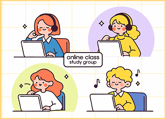 여자 남자 의자 음표 일러스트 미소 앉기 여러명 상반신 성인 노트북 반짝임 스터디 손들기 눈감음 헤드셋 타이핑 그룹 격자 온라인강의 성인만 일러캐릭터 AI파일 캐릭터 기호 음악 음향기기 가구 다수 무늬 모션 표정 사람 전자제품 학습 헤드폰 강의 파일형식 벡터 언택트