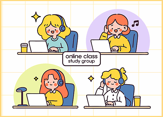 여자 남자 의자 음표 일러스트 윙크 미소 앉기 여러명 상반신 성인 노트북 반짝임 스터디 손들기 눈감음 헤드셋 스탠드 타이핑 그룹 격자 온라인강의 테이크아웃컵 성인만 일러캐릭터 AI파일 캐릭터 기호 음악 음향기기 가구 다수 무늬 모션 조명 표정 사람 컵 전자제품 학습 헤드폰 강의 파일형식 벡터 언택트