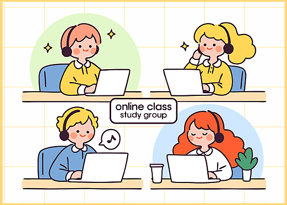 식물 여자 남자 화분 말풍선 의자 음표 일러스트 미소 앉기 여러명 상반신 성인 노트북 반짝임 스터디 손들기 눈감음 헤드셋 타이핑 그룹 물컵 격자 온라인강의 성인만 일러캐릭터 AI파일 캐릭터 기호 음악 음향기기 가구 다수 무늬 모션 표정 사람 컵 전자제품 학습 헤드폰 강의 파일형식 벡터 언택트