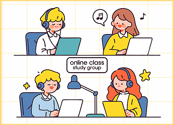 여자 남자 말풍선 의자 음표 일러스트 미소 앉기 여러명 상반신 성인 노트북 반짝임 스터디 눈감음 헤드셋 스탠드 타이핑 그룹 격자 온라인강의 성인만 일러캐릭터 AI파일 캐릭터 기호 음악 음향기기 가구 다수 무늬 모션 조명 표정 사람 전자제품 학습 헤드폰 강의 파일형식 벡터 언택트