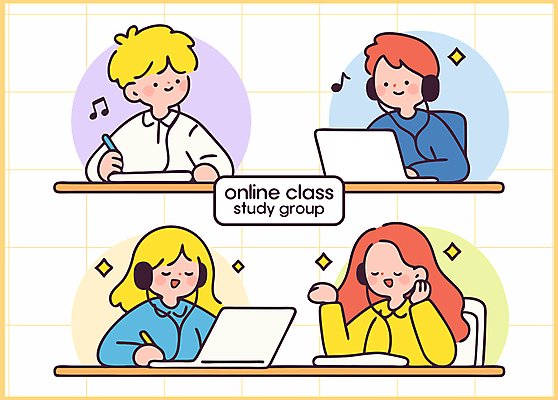 여자 남자 이어폰 의자 일러스트 미소 앉기 여러명 상반신 성인 노트북 반짝임 스터디 펜 손들기 헤드셋 타이핑 기록 잡기 그룹 격자 온라인강의 성인만 일러캐릭터 AI파일 캐릭터 음향기기 가구 다수 무늬 모션 표정 사람 전자제품 학습 필기구 헤드폰 강의 파일형식 벡터 언택트