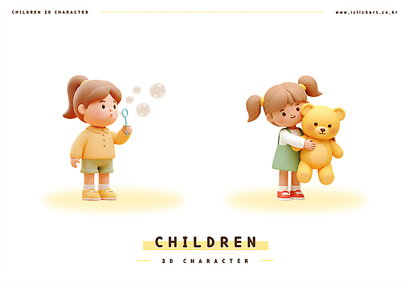 전신 PSD 편집이미지 여자 어린이 안기 3D캐릭터 미소 들기 소녀 두명 노란색 3D 곰인형 비눗방울 어린이날 불기 소녀만 편집3D 캐릭터 기념일 인형 컬러 모션 표정 사람 디지털합성 여자만 어린이만 파일형식