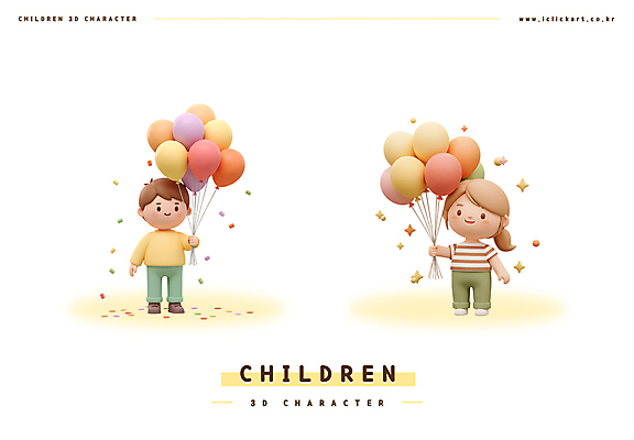 전신 PSD 편집이미지 여자 남자 어린이 3D캐릭터 미소 들기 소녀 소년 두명 반짝임 노란색 3D 어린이날 꽃가루 풍선 어린이만 편집3D 캐릭터 기념일 컬러 모션 표정 사람 가루 디지털합성 파일형식