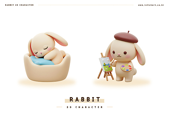 PSD 편집이미지 3D캐릭터 들기 사람없음 눕기 3D 귀여움 눈감음 침대 붓 그리기 팔레트 담요 이젤 토끼캐릭터 캔버스 베레모 베이지색 편집3D 수면_잠 캐릭터 모자_잡화 컬러 동물캐릭터 가구 컨셉 모션 미술도구 토끼 잠 디지털합성 파일형식