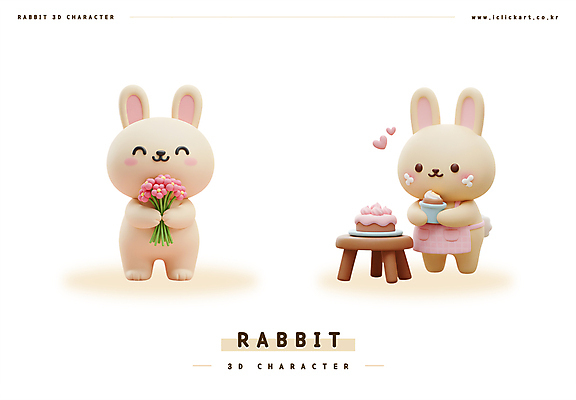 PSD 편집이미지 꽃다발 탁자 3D캐릭터 웃음 들기 사람없음 3D 귀여움 케이크 앞치마 하트 토끼캐릭터 베이지색 편집3D 모양 캐릭터 꽃 컬러 동물캐릭터 가구 컨셉 모션 디저트 표정 토끼 디지털합성 파일형식