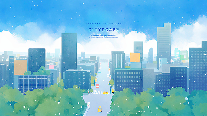 PSD 나무 구름 도로 하늘색 일러스트 자동차 하늘 수채화 사람없음 도시풍경 빌딩숲 경관 국내일러스트 자연요소 식물 길 육상교통 교통시설 풍경 빌딩 파란색 도시 파일형식
