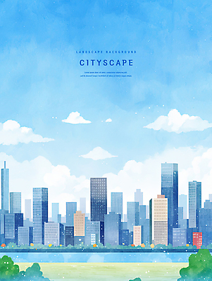 PSD 나무 구름 하늘색 일러스트 하늘 수채화 사람없음 강 도시풍경 빌딩숲 경관 국내일러스트 자연요소 식물 풍경 빌딩 파란색 도시 파일형식