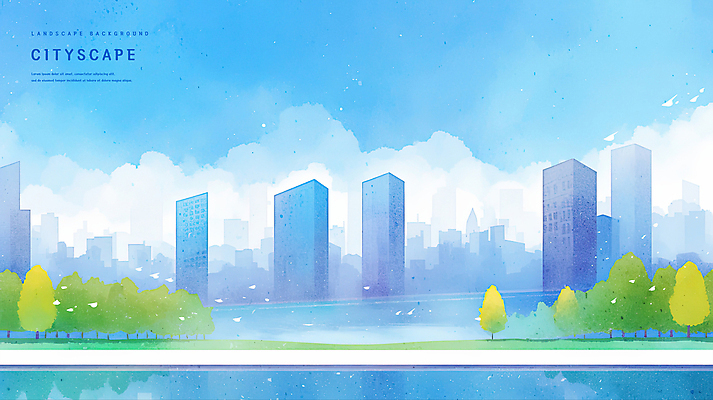 PSD 나무 구름 공원 하늘색 일러스트 하늘 수채화 사람없음 강 도시풍경 빌딩숲 경관 국내일러스트 자연요소 식물 공공시설 풍경 빌딩 파란색 도시 파일형식