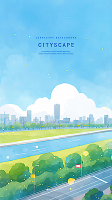 PSD 나무 구름 공원 도로 하늘색 가로등 일러스트 하늘 수채화 사람없음 도시풍경 강가 빌딩숲 경관 국내일러스트 자연요소 식물 공공시설 길 교통시설 풍경 빌딩 파란색 강 도시 파일형식