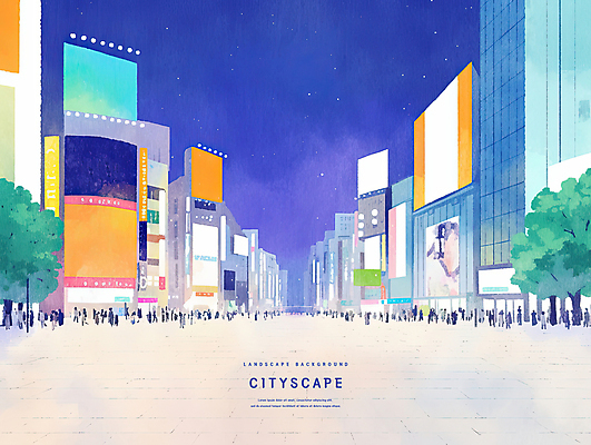 전신 PSD 나무 실루엣 일러스트 수채화 사람 여러명 도시풍경 보라색 군중 전광판 빌딩숲 쇼핑거리 경관 국내일러스트 식물 컬러 다수 거리 촬영기법 풍경 빌딩 도시 파일형식