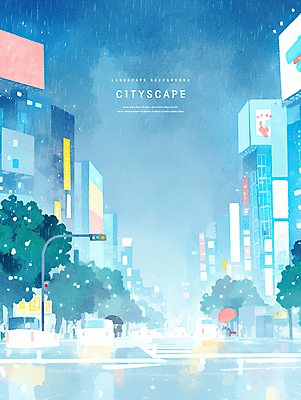 전신 PSD 나무 실루엣 도로 하늘색 야경 일러스트 우산 자동차 밤하늘 수채화 들기 사람 세명 빛 도시풍경 비 횡단보도 신호등 전광판 빌딩숲 경관 국내일러스트 자연요소 식물 길 육상교통 교통시설 모션 하늘 날씨 촬영기법 풍경 빌딩 파란색 도시 보행로 야간 파일형식 풍경_경치