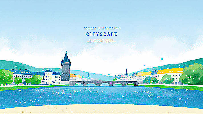 PSD 나무 구름 유럽 하늘색 일러스트 하늘 수채화 산 사람없음 도시풍경 탑 강가 돌다리 경관 국내일러스트 자연요소 식물 건축물 나라 풍경 파란색 강 다리_건축물 도시 파일형식