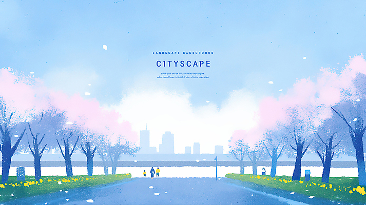 전신 PSD 구름 공원 꽃잎 실루엣 길 하늘색 가로등 일러스트 하늘 수채화 사람 여러명 도시풍경 풀 벚나무 빌딩숲 경관 국내일러스트 자연요소 나무 식물 공공시설 꽃 다수 촬영기법 풍경 빌딩 파란색 벚꽃 도시 파일형식