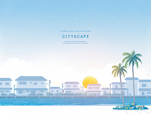 PSD 구름 꽃 바다 하늘색 일러스트 하늘 수채화 주택 사람없음 도시풍경 야자수 태양 노을 동남아시아 풀 주택가 경관 국내일러스트 자연요소 나무 식물 아시아 풍경 건물 파란색 도시 파일형식