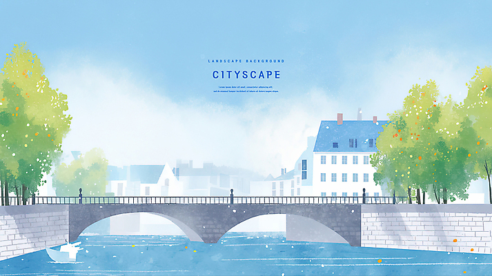 PSD 나무 구름 하늘색 일러스트 하늘 수채화 주택 사람없음 강 도시풍경 주택가 돌다리 아치교 경관 국내일러스트 자연요소 식물 풍경 건물 파란색 다리_건축물 도시 파일형식
