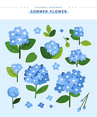 하늘색 스티커 잎 일러스트 여름꽃 사람없음 세트 꽃봉오리 수국 엘리먼트 국내일러스트 AI파일 식물 꽃 파란색 파일형식 벡터 여름_계절