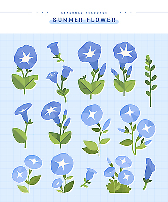 하늘색 스티커 잎 일러스트 여름꽃 사람없음 세트 꽃봉오리 나팔꽃 엘리먼트 국내일러스트 AI파일 식물 꽃 파란색 파일형식 벡터 여름_계절