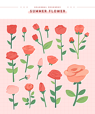 분홍색 스티커 잎 일러스트 여름꽃 사람없음 세트 장미 꽃봉오리 엘리먼트 국내일러스트 AI파일 식물 꽃 컬러 파일형식 벡터 여름_계절