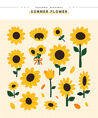 꽃잎 리본 스티커 잎 일러스트 여름꽃 해바라기 사람없음 세트 꽃봉오리 엘리먼트 국내일러스트 AI파일 식물 꽃 파일형식 벡터 여름_계절