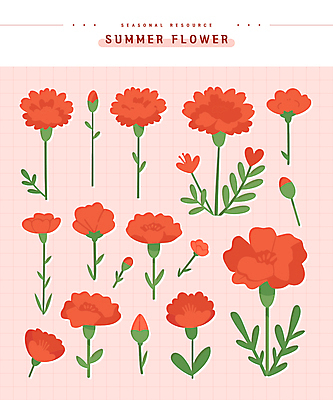 스티커 잎 일러스트 여름꽃 사람없음 빨간색 세트 카네이션 꽃봉오리 엘리먼트 국내일러스트 AI파일 식물 꽃 컬러 파일형식 벡터 여름_계절