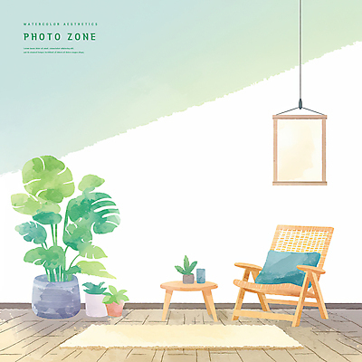 PSD 화분 의자 일러스트 수채화 풍경 사람없음 카펫 나무바닥 감성 몬스테라 벽보 원형탁자 포토존 국내일러스트 식물 가구 컨셉 탁자 바닥 파일형식