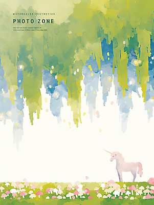 PSD 일러스트 수채화 풍경 초원 사람없음 버섯 숲 버드나무 감성 유니콘 포토존 환상 국내일러스트 나무 컨셉 파일형식