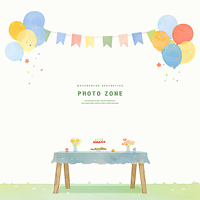 PSD 일러스트 탁자 수채화 풍경 사람없음 꽃병 식탁보 생일파티 생일케이크 감성 풍선 가랜드 포토존 국내일러스트 꽃 가구 컨셉 케이크 생일 파티용품 파일형식