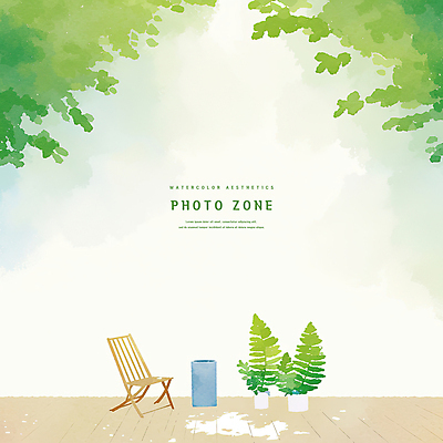PSD 식물 화분 의자 일러스트 수채화 풍경 사람없음 햇빛 나무바닥 감성 포토존 국내일러스트 가구 컨셉 바닥 태양 파일형식