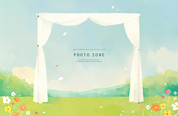 PSD 구름 꽃밭 일러스트 하늘 수채화 풍경 초원 사람없음 커튼 감성 포토존 웨딩아치 국내일러스트 자연요소 꽃 컨셉 결혼소품 파일형식