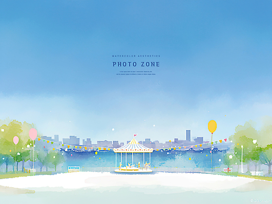 PSD 나무 일러스트 하늘 수채화 풍경 사람없음 놀이공원 도시 감성 풍선 회전목마 공터 포토존 국내일러스트 식물 컨셉 테마파크 놀이기구 파일형식