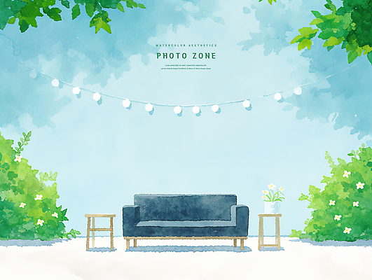 PSD 일러스트 탁자 수채화 그림자 풍경 사람없음 소파 꽃병 풀 감성 알전구 포토존 국내일러스트 식물 꽃 가구 컨셉 의자 전구 파일형식