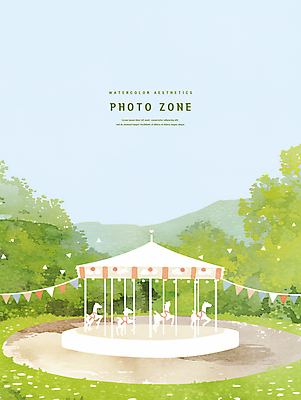 PSD 나무 일러스트 하늘 수채화 풍경 초원 사람없음 놀이공원 감성 회전목마 가랜드 포토존 국내일러스트 식물 컨셉 테마파크 놀이기구 파티용품 파일형식