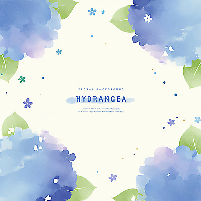 PSD 하늘색 잎 일러스트 여름꽃 수채화 사람없음 수국 국내일러스트 식물 꽃 파란색 파일형식 여름_계절