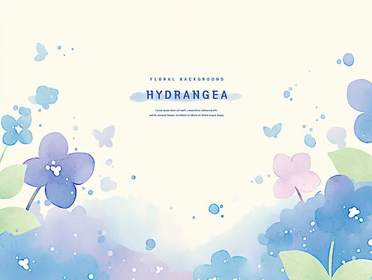 PSD 하늘색 나비 잎 일러스트 여름꽃 수채화 사람없음 수국 국내일러스트 식물 꽃 곤충 파란색 파일형식 여름_계절