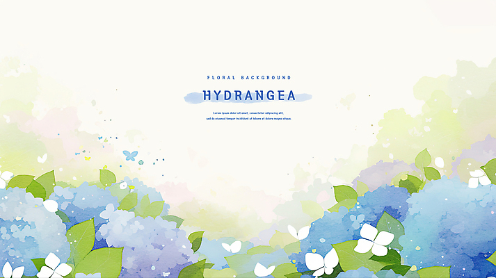 PSD 나비 잎 일러스트 여름꽃 수채화 사람없음 수국 국내일러스트 식물 꽃 곤충 파일형식 여름_계절