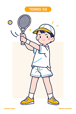 전신 남자 어린이 일러스트 한명 들기 소년 반짝임 노란색 테니스라켓 스윙 테니스공 스포츠캐릭터 캡모자 테니스복 소년한명만 일러캐릭터 AI파일 캐릭터 모자_잡화 1 컬러 포즈 공 모션 사람 운동복 테니스 라켓 테니스용품 남자한명만 소년만 파일형식 벡터