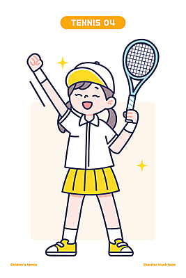 전신 여자 어린이 일러스트 한명 들기 소녀 반짝임 노란색 손들기 기쁨 우승 테니스라켓 스포츠캐릭터 캡모자 테니스복 소년한명만 일러캐릭터 AI파일 캐릭터 모자_잡화 1 감정 컬러 모션 사람 운동복 테니스 라켓 최고 남자한명만 소년만 파일형식 벡터