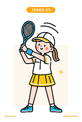 전신 여자 어린이 일러스트 한명 들기 소녀 반짝임 노란색 테니스라켓 스윙 스포츠캐릭터 캡모자 테니스복 소년한명만 일러캐릭터 AI파일 캐릭터 모자_잡화 1 컬러 포즈 모션 사람 운동복 테니스 라켓 남자한명만 소년만 파일형식 벡터