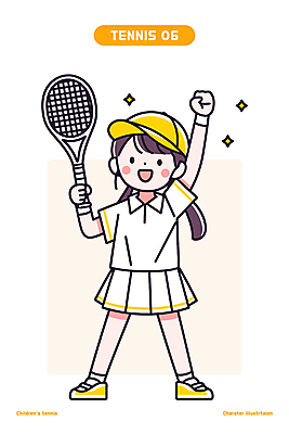 전신 여자 어린이 일러스트 한명 들기 소녀 반짝임 노란색 손들기 기쁨 우승 테니스라켓 스포츠캐릭터 캡모자 테니스복 소년한명만 일러캐릭터 AI파일 캐릭터 모자_잡화 1 감정 컬러 모션 사람 운동복 테니스 라켓 최고 남자한명만 소년만 파일형식 벡터