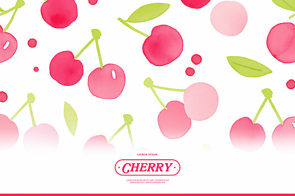 PSD 분홍색 백그라운드 잎 패턴 일러스트 수채화 사람없음 체리 꼭지 키치 국내일러스트 식물 컬러 컨셉 무늬 과일 파일형식