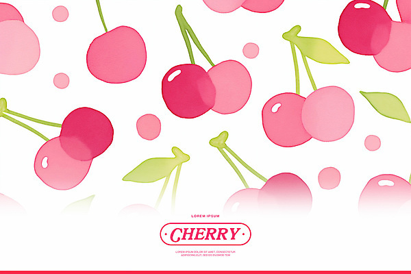 PSD 분홍색 백그라운드 잎 패턴 일러스트 수채화 사람없음 체리 꼭지 키치 국내일러스트 식물 컬러 컨셉 무늬 과일 파일형식