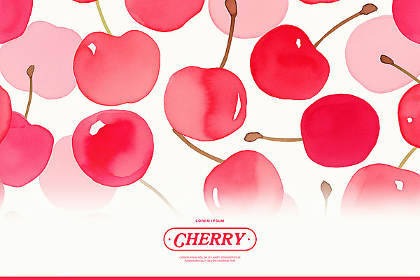 PSD 분홍색 백그라운드 패턴 일러스트 수채화 사람없음 체리 꼭지 키치 국내일러스트 컬러 컨셉 무늬 과일 파일형식