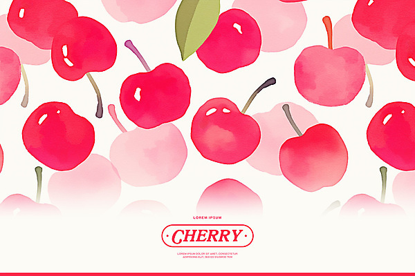 PSD 분홍색 백그라운드 잎 패턴 일러스트 수채화 사람없음 체리 꼭지 키치 국내일러스트 식물 컬러 컨셉 무늬 과일 파일형식