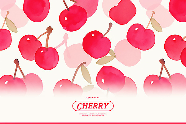 PSD 분홍색 백그라운드 잎 패턴 일러스트 수채화 사람없음 체리 꼭지 키치 국내일러스트 식물 컬러 컨셉 무늬 과일 파일형식